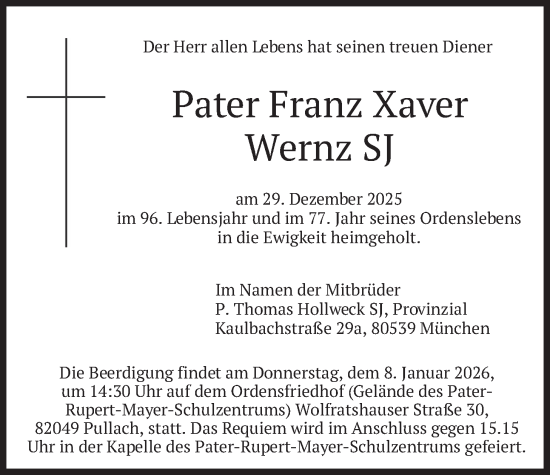 Traueranzeige von Franz Xaver Wernz von merkurtz