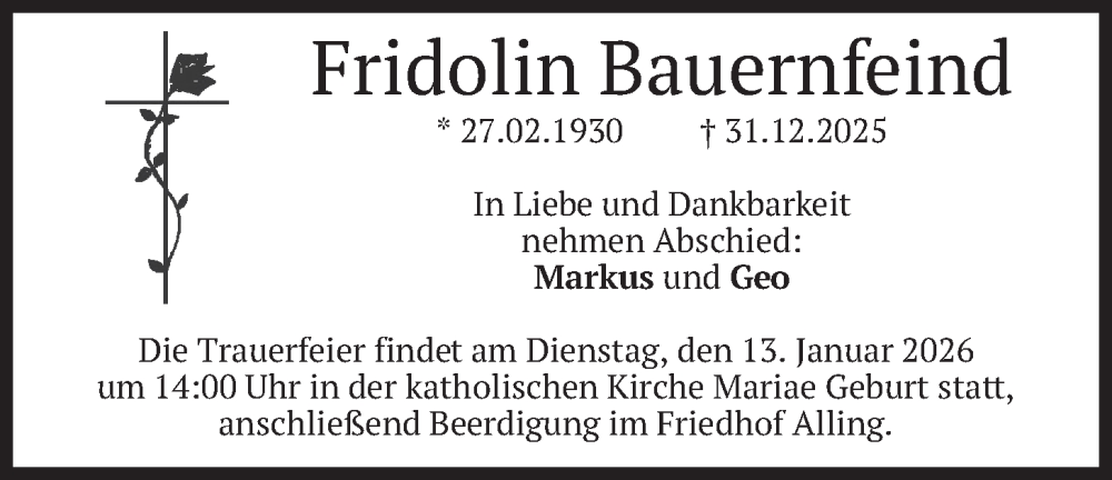  Traueranzeige für Fridolin Bauernfeind vom 10.01.2026 aus merkurtz