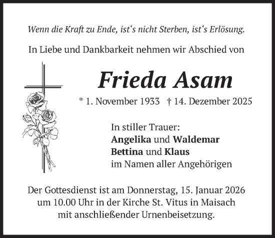 Traueranzeige von Frieda Asam von merkurtz