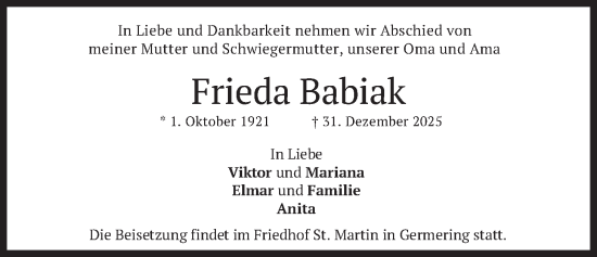Traueranzeige von Frieda Babiak von merkurtz