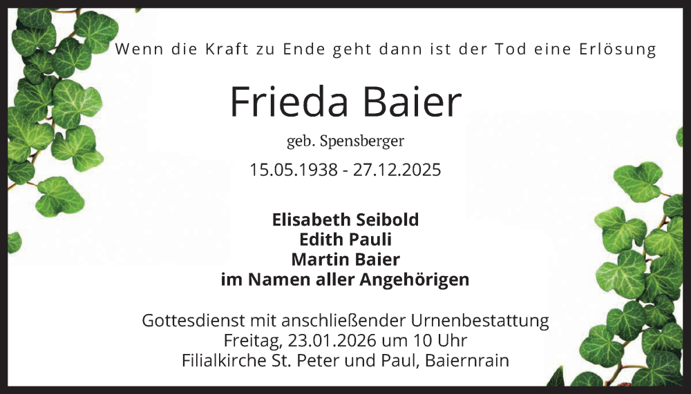  Traueranzeige für Frieda Baier vom 20.01.2026 aus merkurtz