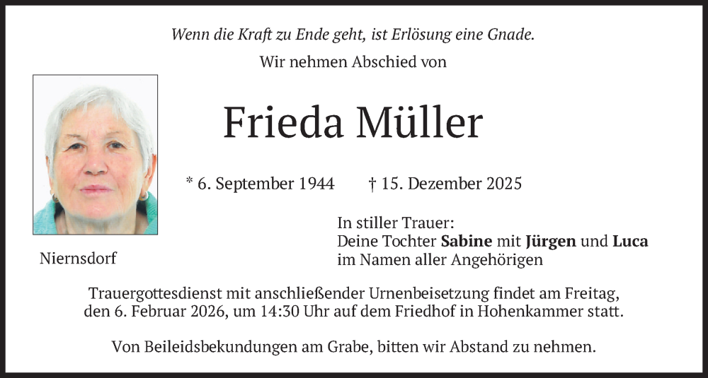  Traueranzeige für Frieda Müller vom 31.01.2026 aus merkurtz