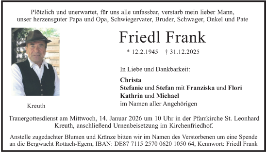 Traueranzeige von Friedl Frank von merkurtz