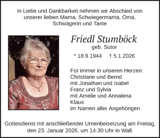 Traueranzeige von Friedl Stumböck von merkurtz