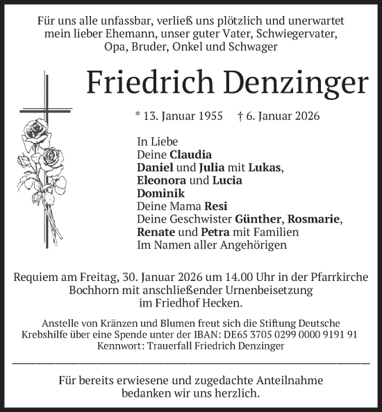 Traueranzeige von Friedrich Denzinger von merkurtz