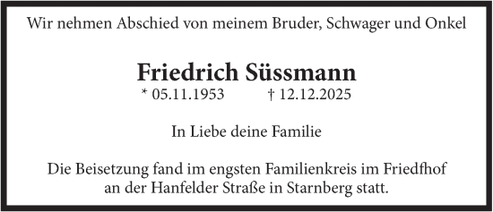Traueranzeige von Friedrich Süssmann von merkurtz
