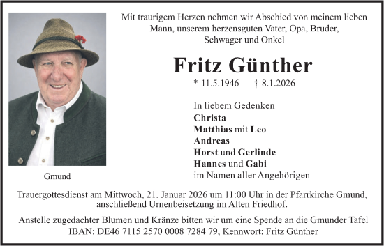 Traueranzeige von Fritz Günther von merkurtz