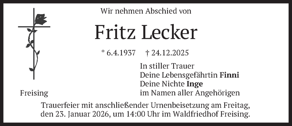  Traueranzeige für Fritz Lecker vom 17.01.2026 aus merkurtz