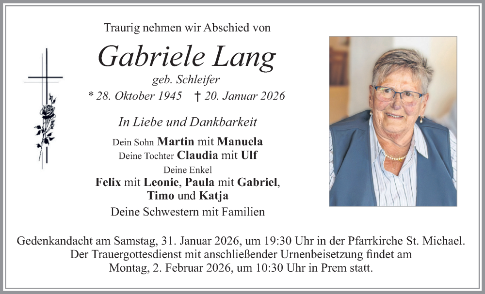 Traueranzeige für Gabriele Lang vom 28.01.2026 aus merkurtz