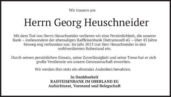 Traueranzeige von Georg Heuschneider von merkurtz