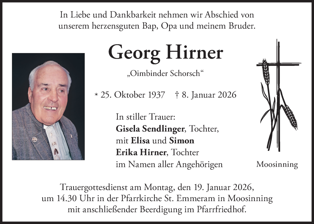  Traueranzeige für Georg Hirner vom 14.01.2026 aus merkurtz