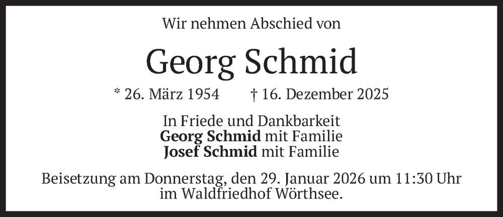  Traueranzeige für Georg Schmid vom 24.01.2026 aus merkurtz