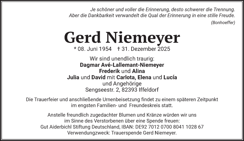 Traueranzeige für Gerd Niemeyer vom 10.01.2026 aus Das Gelbe Blatt Penzberg