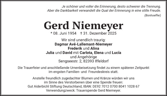 Traueranzeige von Gerd Niemeyer von Das Gelbe Blatt Penzberg