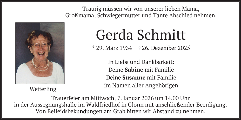  Traueranzeige für Gerda Schmitt vom 03.01.2026 aus merkurtz