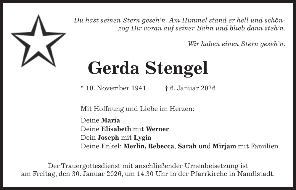  Traueranzeige für Gerda Stengel vom 24.01.2026 aus merkurtz