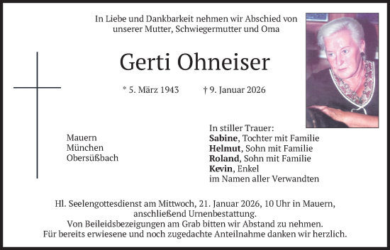 Traueranzeige von Gerti Ohneiser von merkurtz
