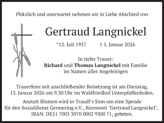 Traueranzeige von Gertraud Langnickel von merkurtz