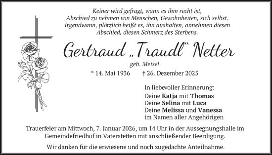 Traueranzeige von Gertraud Netter von merkurtz