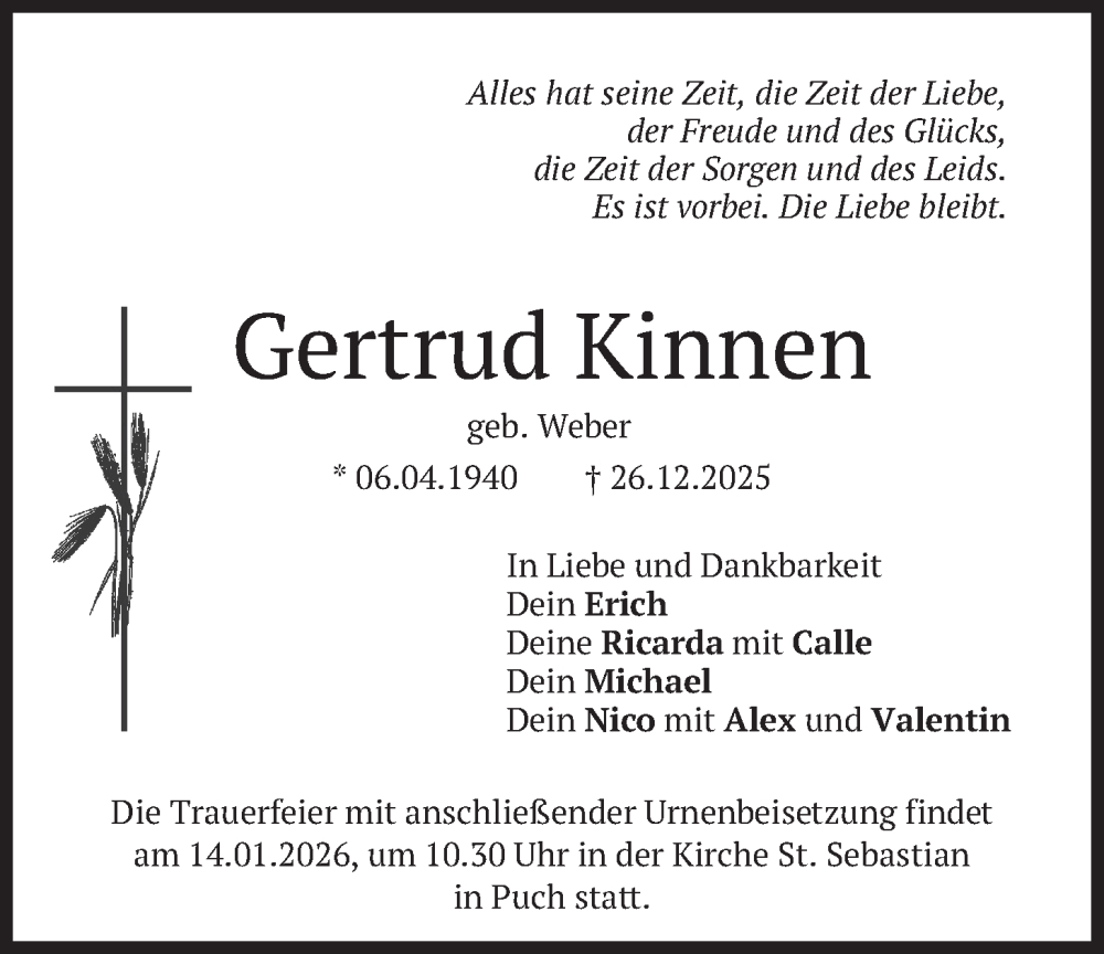  Traueranzeige für Gertrud Kinnen vom 03.01.2026 aus merkurtz