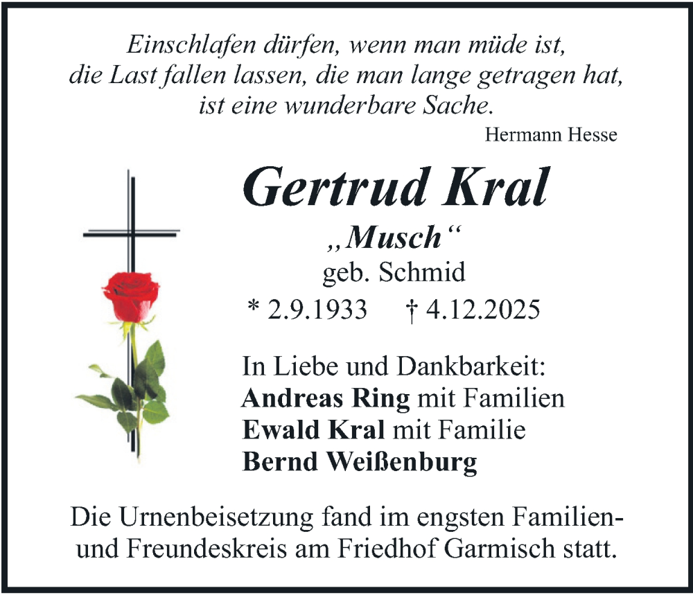  Traueranzeige für Gertrud Kral vom 10.01.2026 aus merkurtz