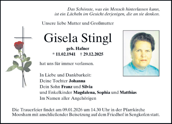Traueranzeige von Gisela Stingl von Das Gelbe Blatt Penzberg