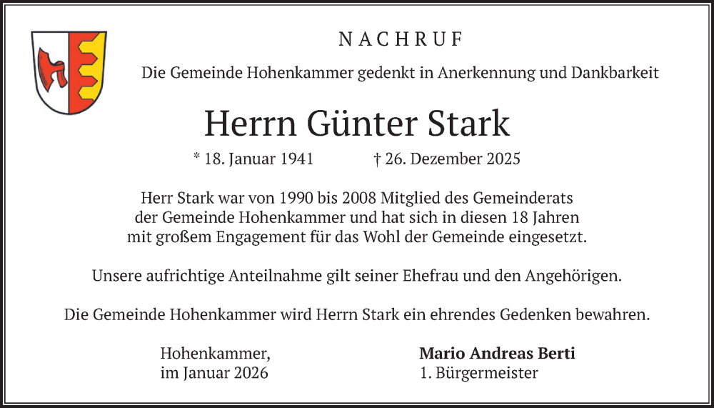  Traueranzeige für Günter Stark vom 23.01.2026 aus merkurtz