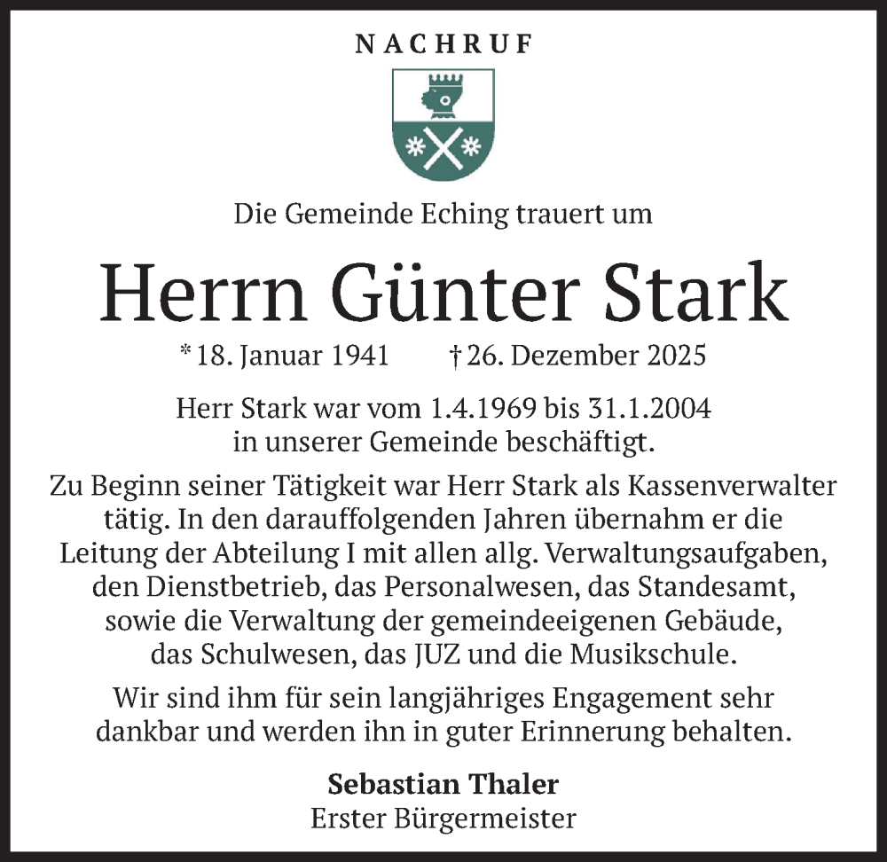  Traueranzeige für Günter Stark vom 10.01.2026 aus merkurtz