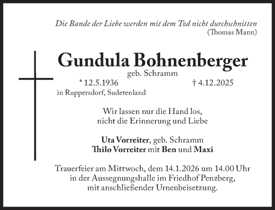 Traueranzeige von Gundula Bohnenberger von Das Gelbe Blatt Penzberg