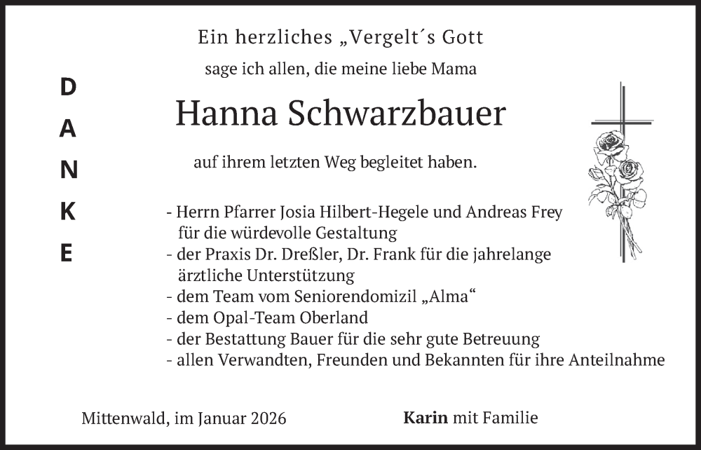  Traueranzeige für Hanna Schwarzbauer vom 31.01.2026 aus merkurtz