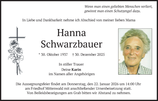 Traueranzeige von Hanna Schwarzbauer von merkurtz
