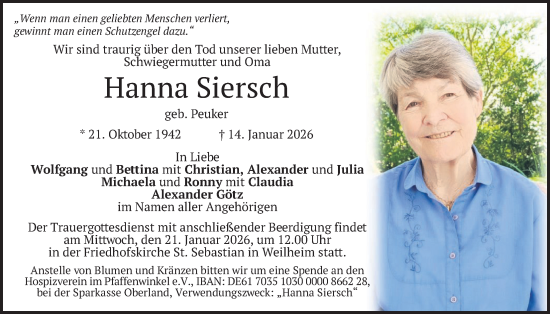 Traueranzeige von Hanna Siersch von merkurtz