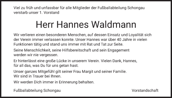 Traueranzeige von Hannes Waldmann von merkurtz