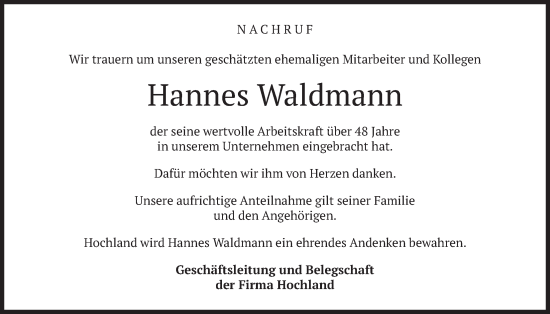 Traueranzeige von Hannes Waldmann von merkurtz