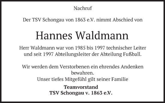 Traueranzeige von Hannes Waldmann von merkurtz