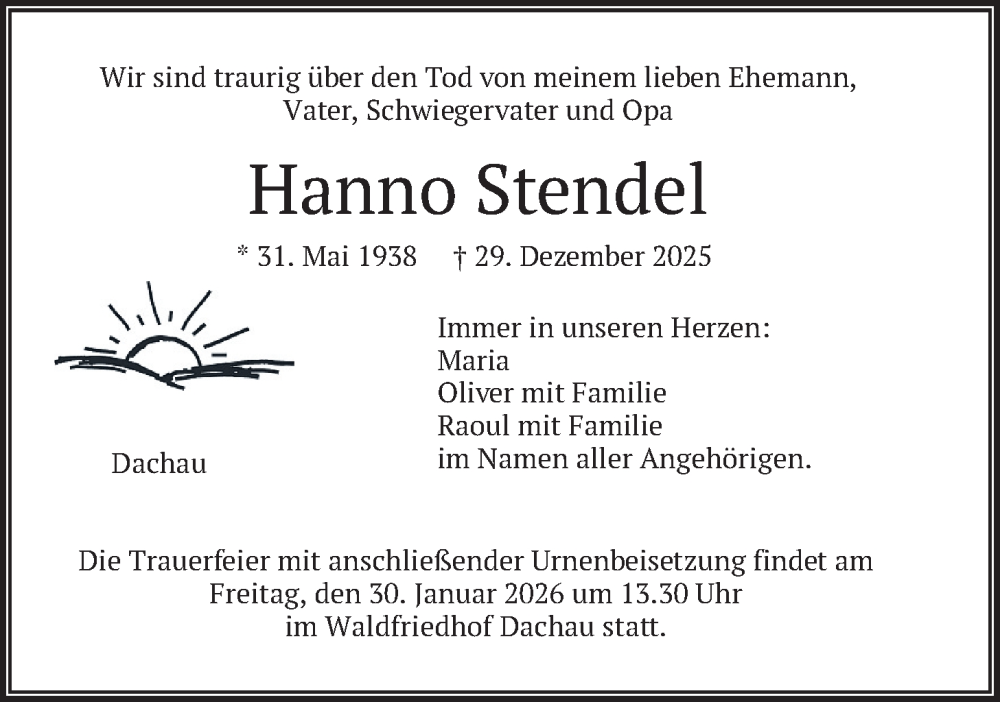  Traueranzeige für Hanno Stendel vom 24.01.2026 aus merkurtz