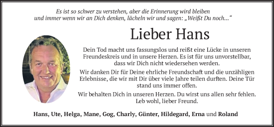 Traueranzeige von Hans  von merkurtz