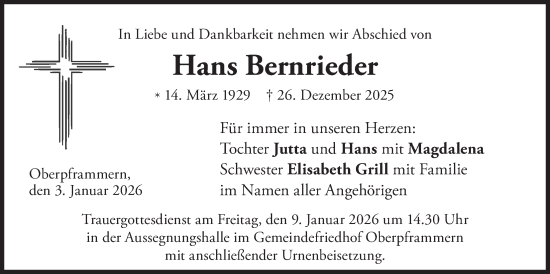 Traueranzeige von Hans Bernrieder von merkurtz