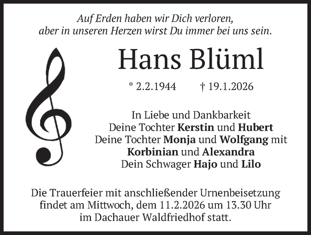  Traueranzeige für Hans Blüml vom 31.01.2026 aus merkurtz
