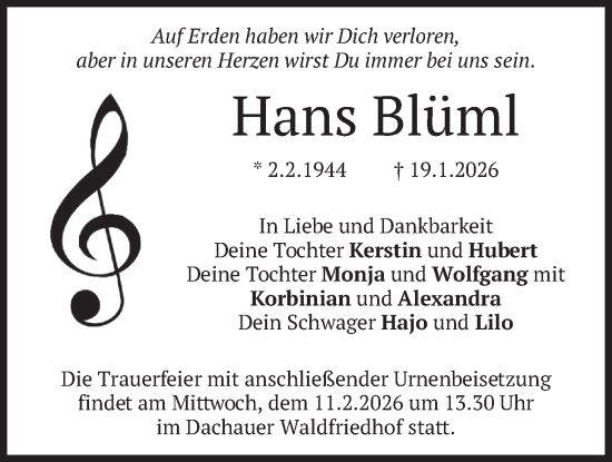 Traueranzeige von Hans Blüml von merkurtz