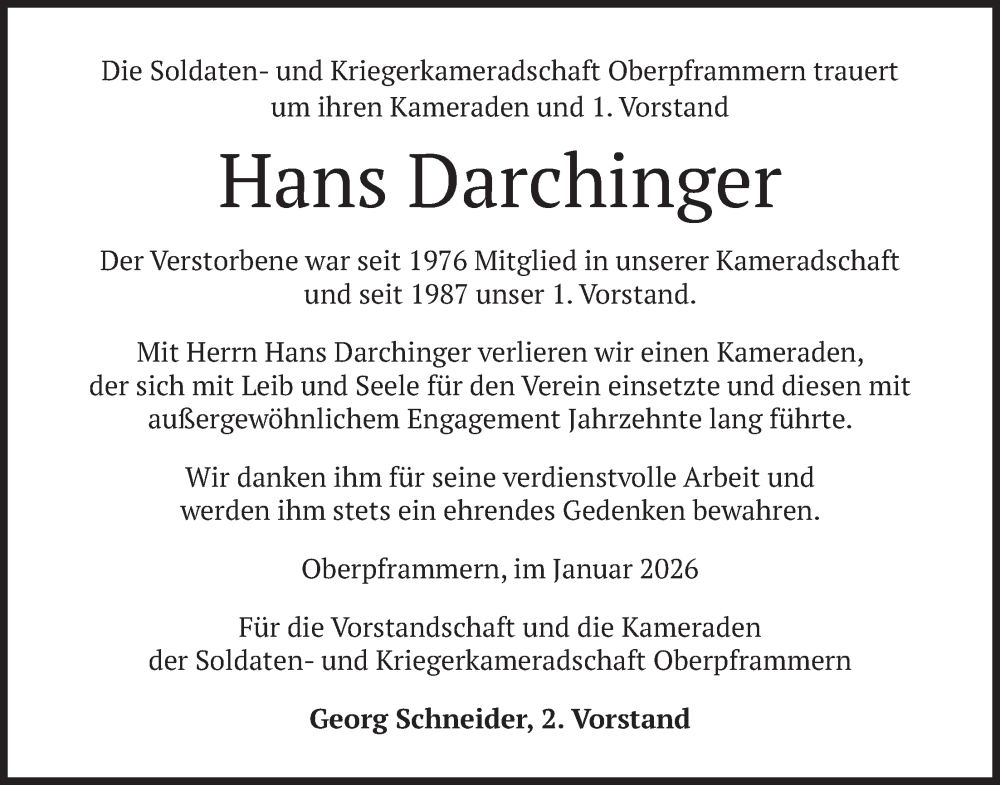 Traueranzeige für Hans Darchinger vom 29.01.2026 aus merkurtz