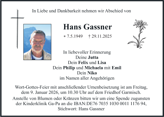 Traueranzeige von Hans Gassner von merkurtz