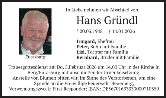 Traueranzeige von Hans Gründl von merkurtz