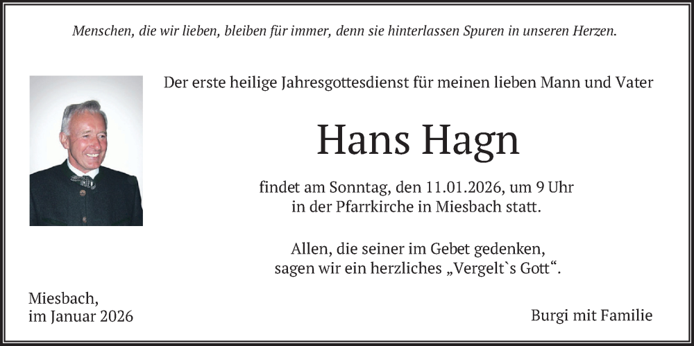  Traueranzeige für Hans Hagn vom 10.01.2026 aus merkurtz