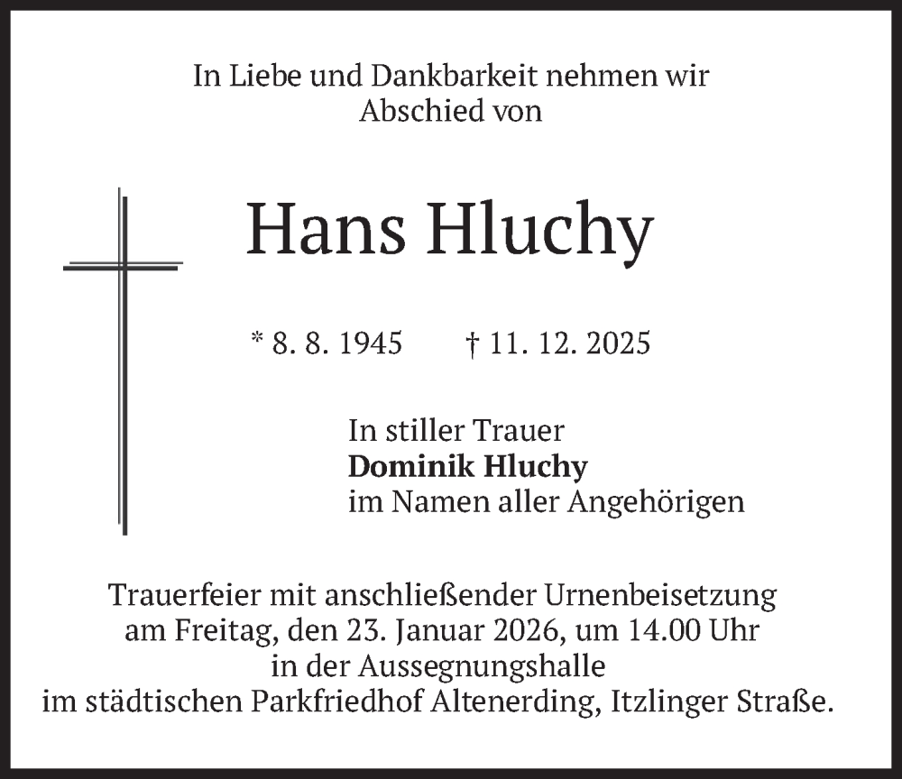  Traueranzeige für Hans Hluchy vom 17.01.2026 aus merkurtz