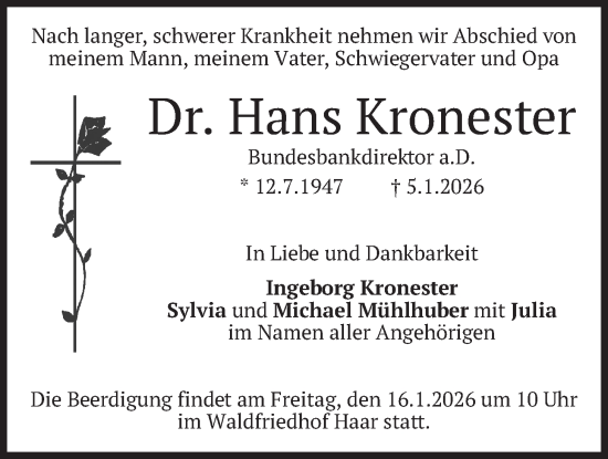 Traueranzeige von Hans Kronester von merkurtz