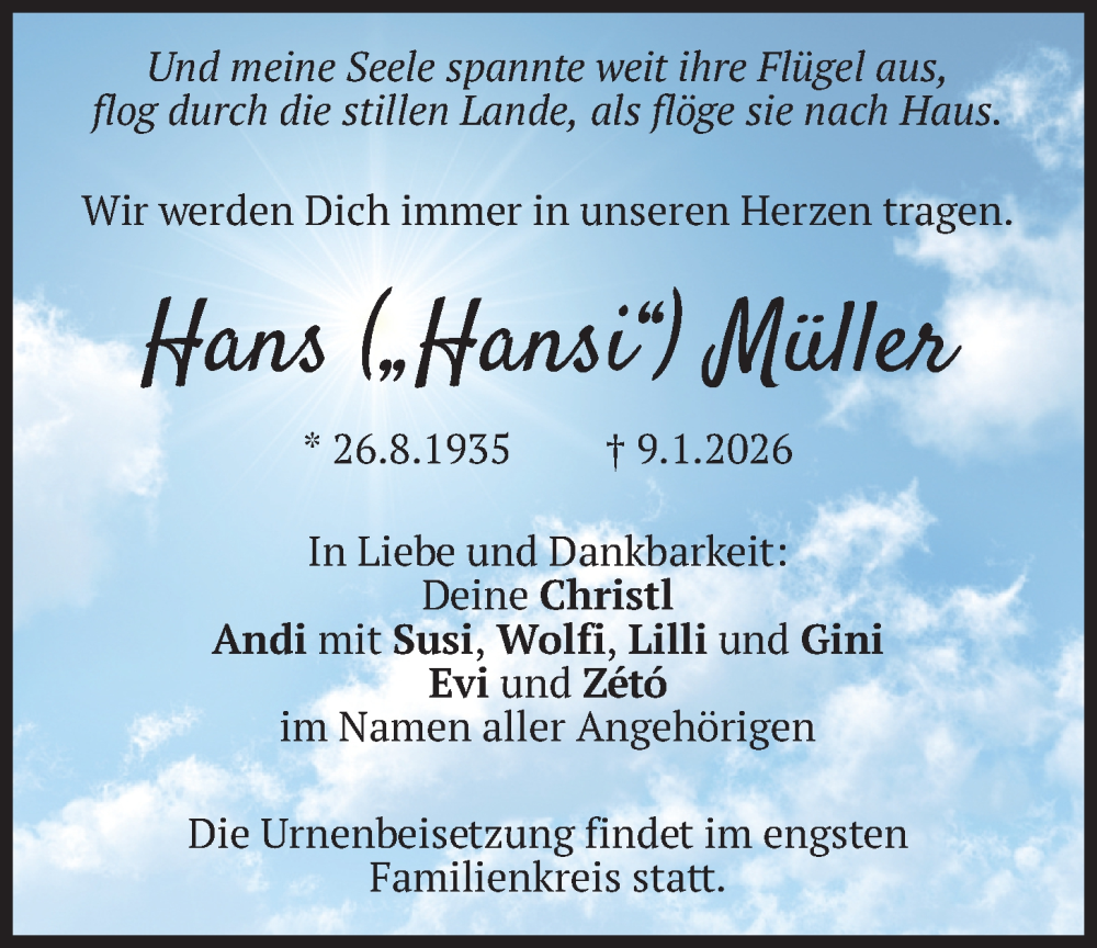  Traueranzeige für Hans Müller vom 27.01.2026 aus merkurtz