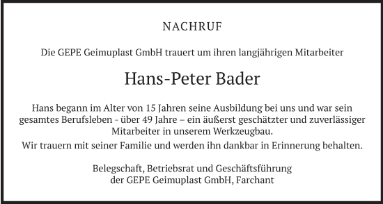 Traueranzeige von Hans-Peter Bader von merkurtz