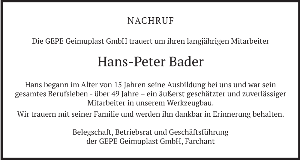  Traueranzeige für Hans-Peter Bader vom 17.01.2026 aus merkurtz