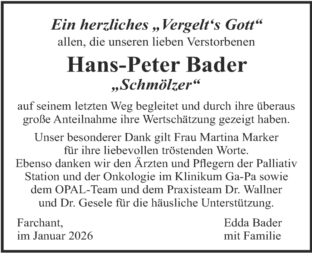  Traueranzeige für Hans-Peter Bader vom 31.01.2026 aus merkurtz